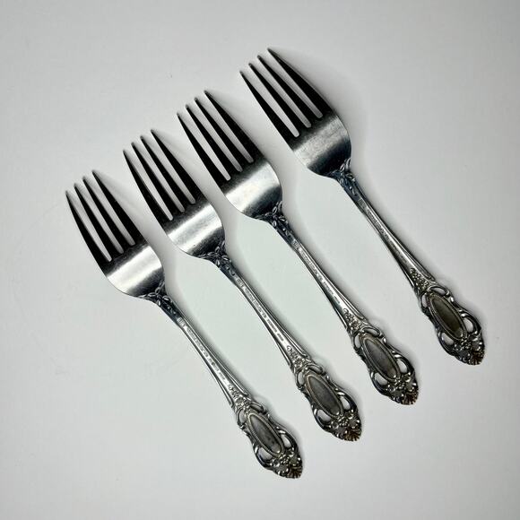 Vintage United Silver Co Artistic Rose Dinner Fork 7-1/4 Stainless 4pcs Pierced - Picture 2 of 5